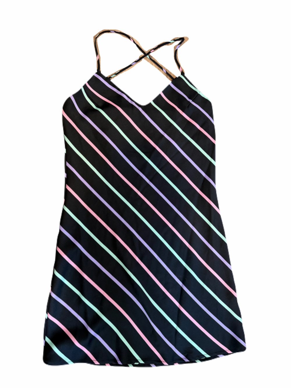 Wayf Small Black Cross Back Slip Dress with Pink Purple Mint Green Stripes